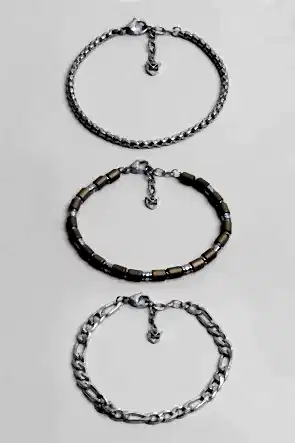 Kahverengi Hematit Taşlı Ayarlanabilir Erkek Çelik Üçlü Bileklik Seti 02441421199