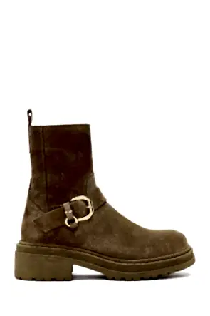 Kadın Bej Fermuarlı Kalın Tabanlı Süet Deri Bot